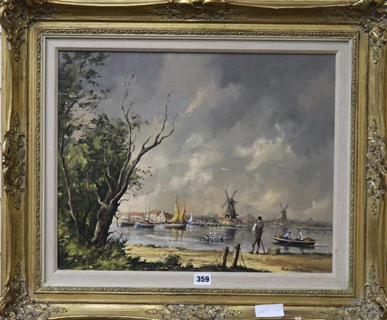 Gudrun Sibbons, oil on board, Fisherfolk in a Dutch estuary, 40 x 50cm